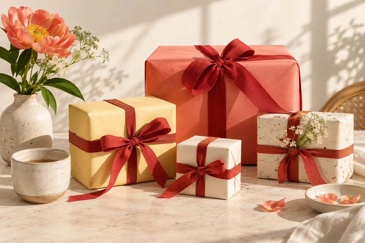 Coral and cream wrapped gifts, a ceramic cup and a fresh flower in warm sunlight