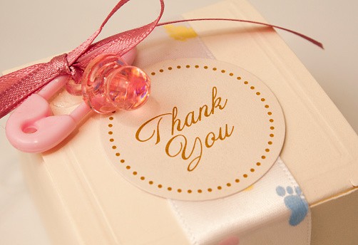 Gift box from a baby shower that says thank youj | thank you gifts for the baby shower