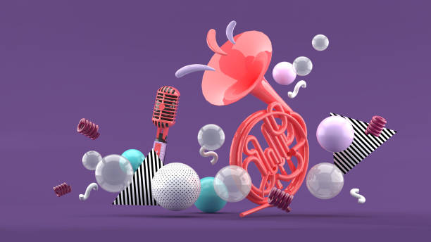 Pink musical instruments amid colorful balls on blue and purple background.-3d render. _5 senses gift ideas for sound for him