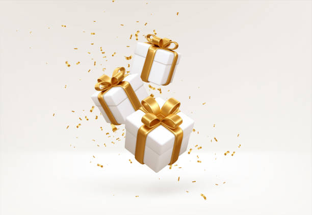 Merry New Year and Merry Christmas 2022 white gift boxes with golden bows and gold sequins confetti on white background. Gift boxes flying and falling. Vector illustration EPS10 - 3d printed gifts