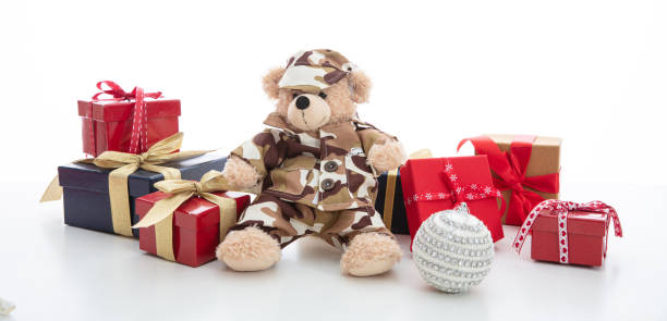 Army, military at Christmas concept. Cute teddy bear in soldier uniform and gift boxes standing isolated against white background - military gifts for him