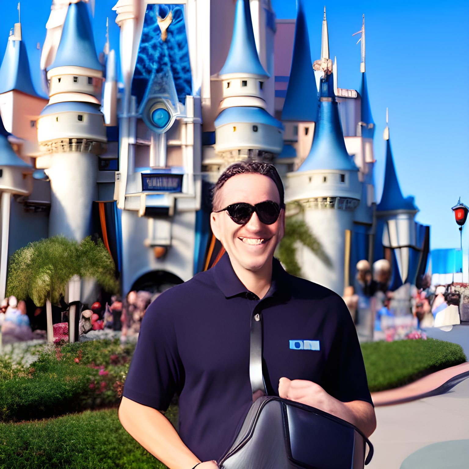 A man holding a travelling bag while standing in front Walt Disney in Florida - gifts for someone moving to Florida