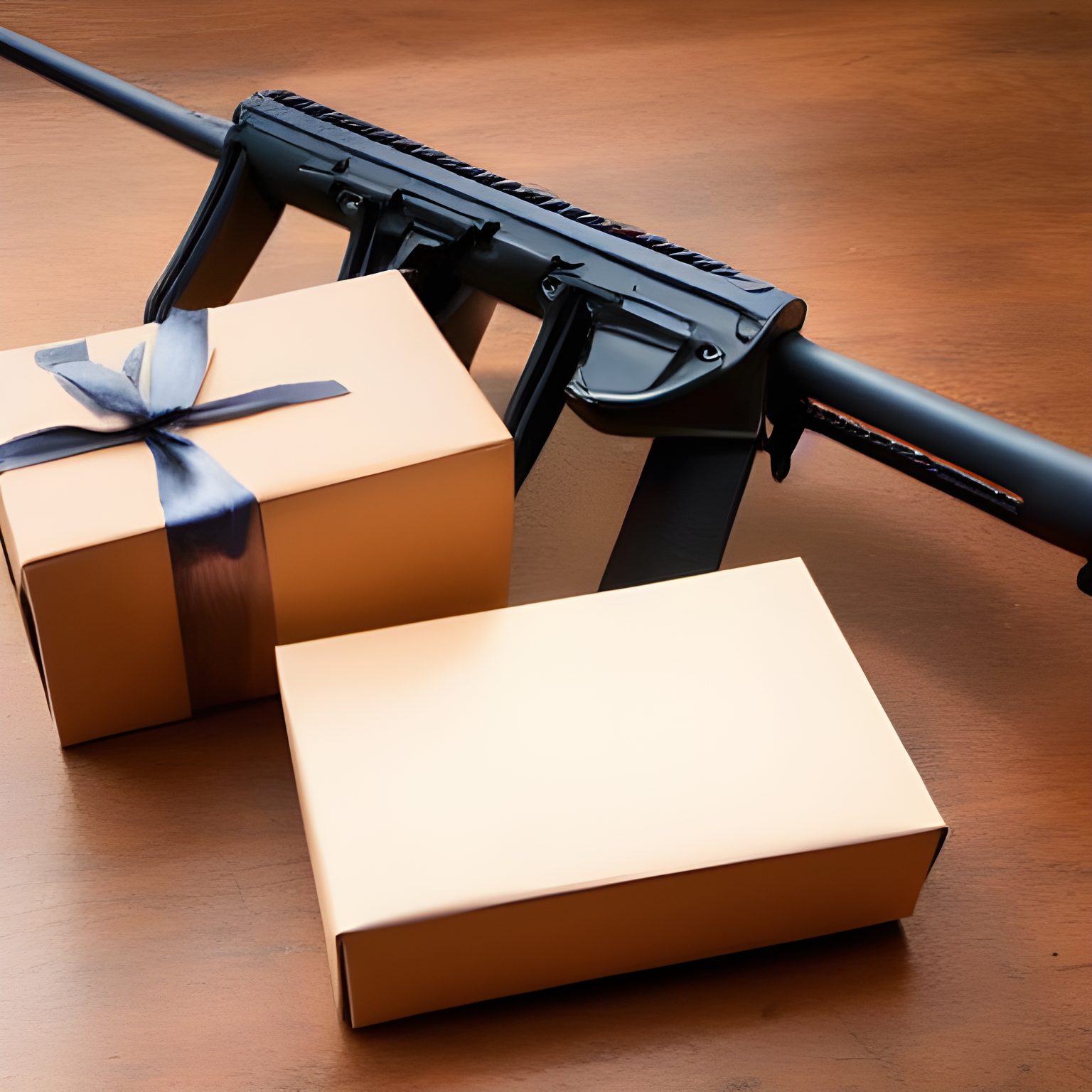 An Automatic Rifle and a small gift box besides it - gifts for gun lovers