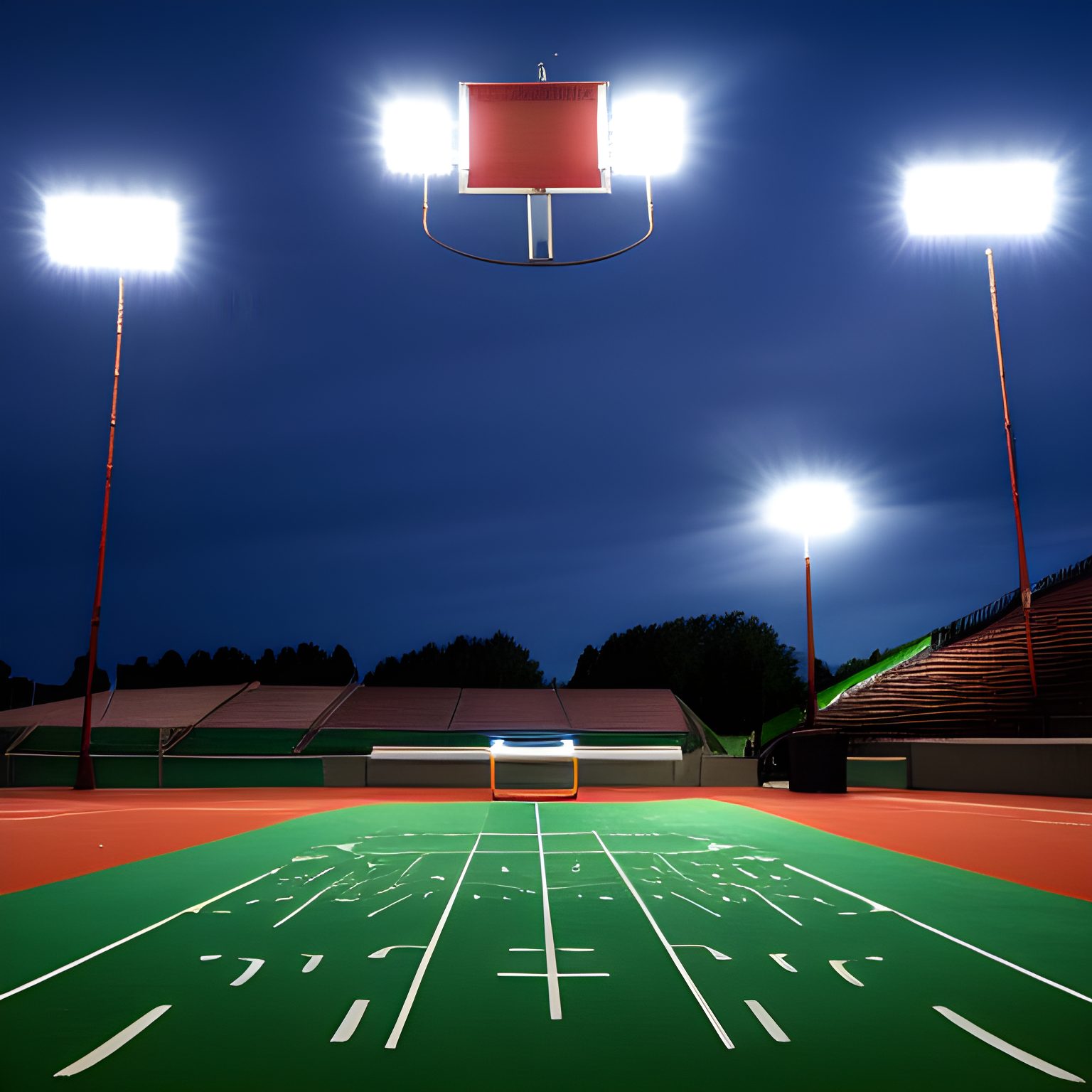 A high school stadium with lights on and a baseball bat, basketball hoop, and football helmet, all at the center of the field. - senior night gifts