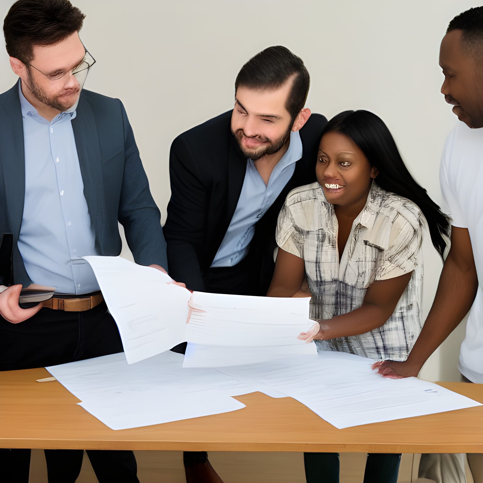 A Man standing and pointing to a paper on a table with three people looking at what he is pointing at while sitting - gift ideas for the Team leader