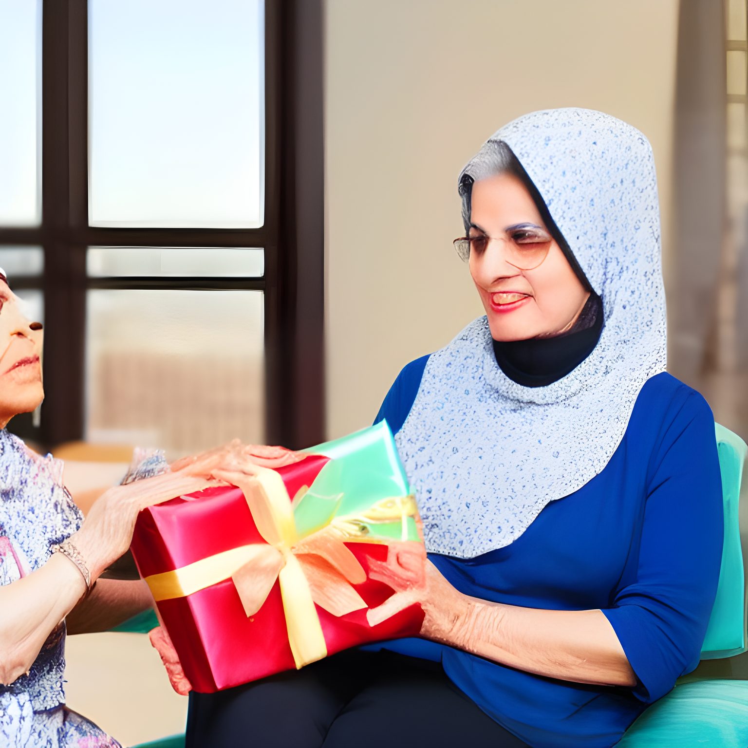 A mature persian woman sitting on a chair while receiving gifts from a young American woman - gifts for Persian moms