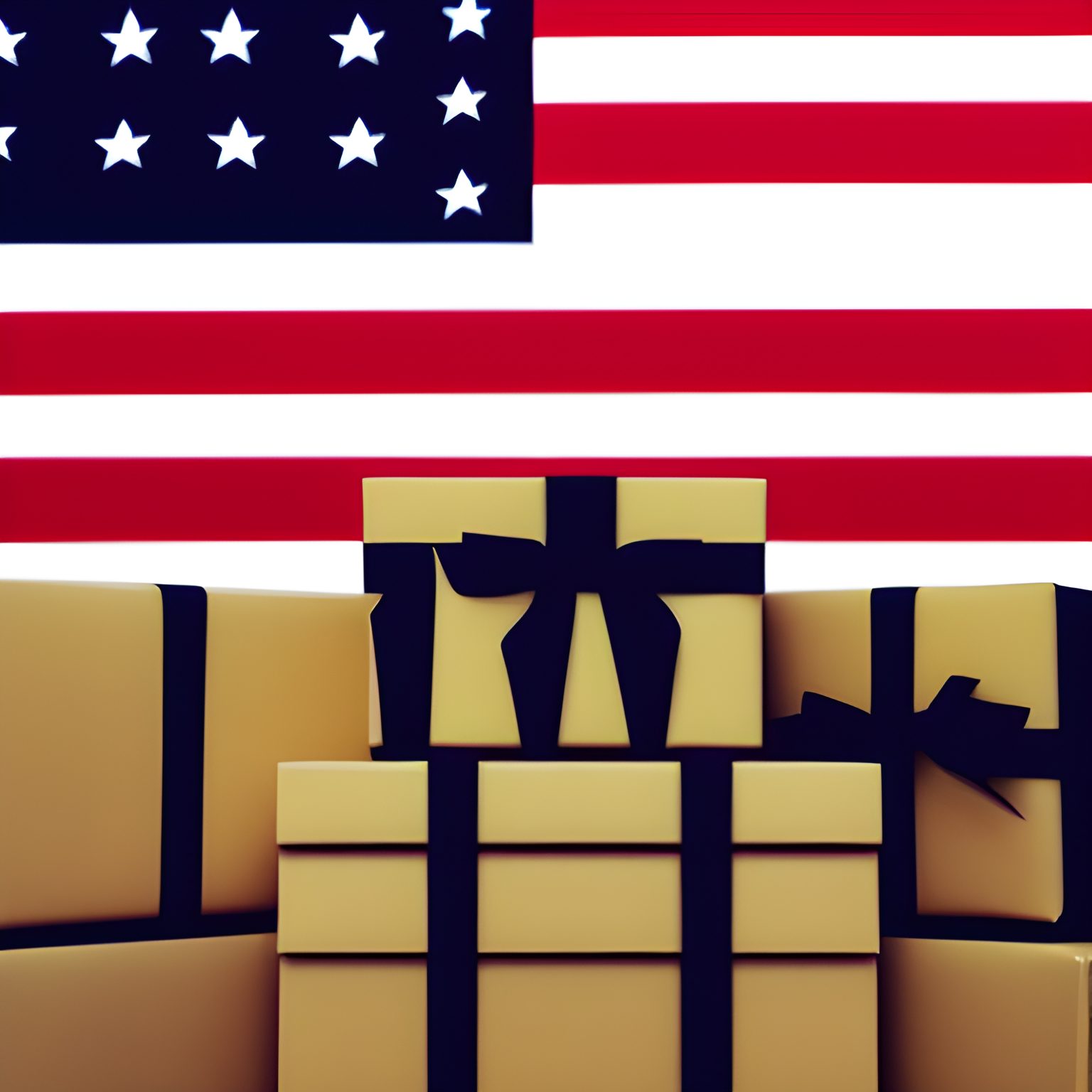A picture of wrapped gift boxes and an american flag flying in the background pencil sketch, drawing, trending on artstation, black and white - american gifts for foreign friends
