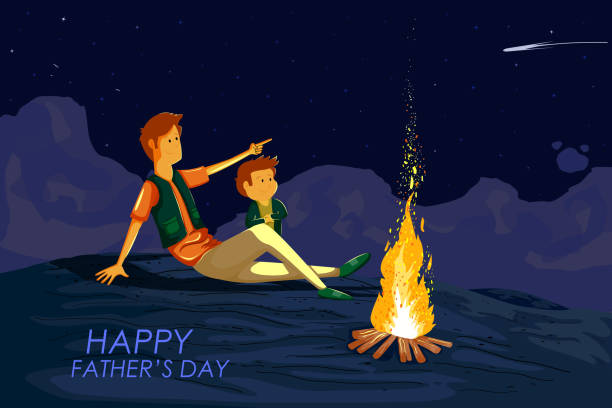 Happy Father's Day. A camping dad and his son with a fire around and the man is showing the child something in the clear night. - Father's Day gifts for campers
