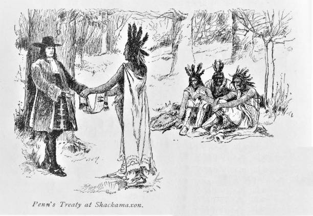 Pennsylvania Founder William Penn receives a gift from Native American Lenni Lenape Chief. Illustration published in The New Eclectic History of the United States by M. E. Thalheimer (American Book Company; New York, Cincinnati, and Chicago) in 1881 and 1890. Copyright expired; artwork is in Public Domain. - native american gifts