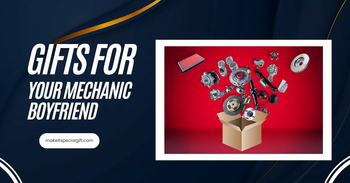 Many spare parts flying out of the box on grey background - gifts for your mechanic boyfriend