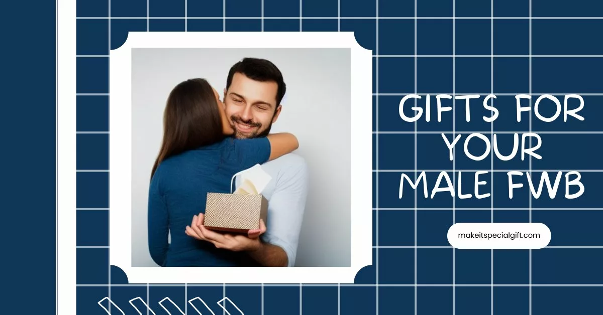 A MAN STANDING WITH HIS FACE TO THE WALL WHILE A WOMAN HUGS HIM AND HOLDS A SMALL GIFT BOX - gifts for your male fwb