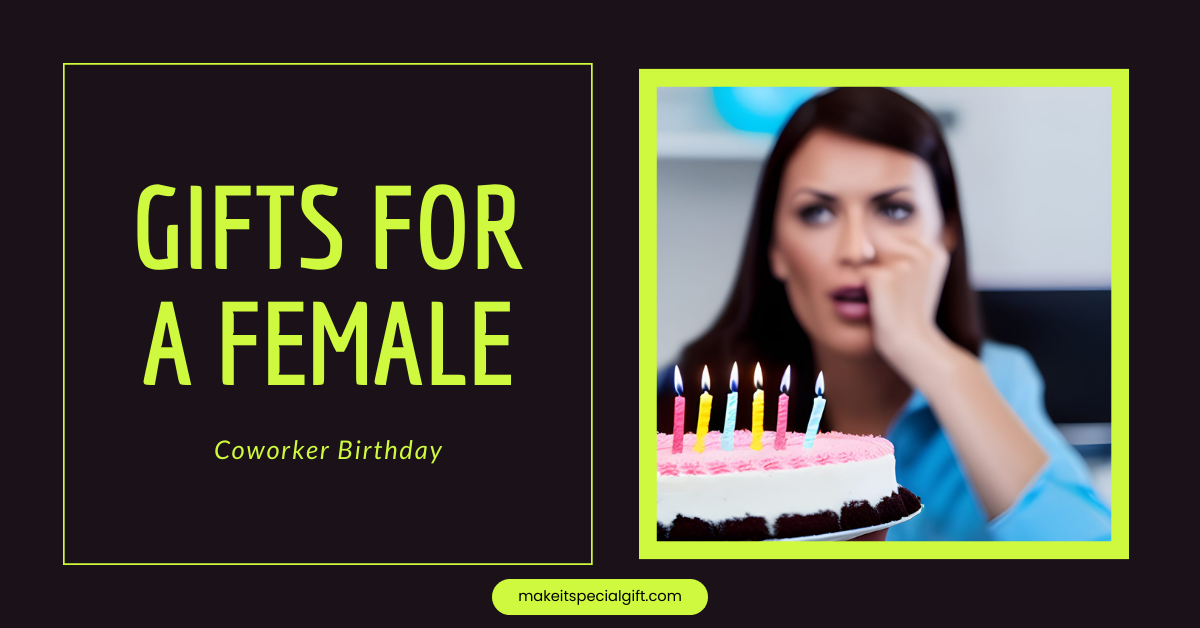 A female adult looking at a birthday cake in an office background - gifts for a female coworker birthday
