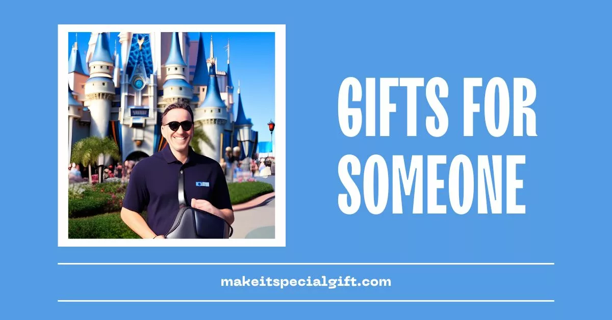 A man holding a travelling bag while standing in front Walt Disney in Florida - gifts for someone moving to Florida