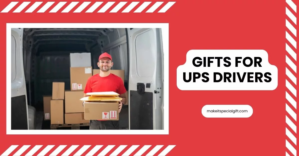 Delivery man in red uniform in front of delivery van, holding packages and looking at camera, he loading packages in van - gifts for UPS drivers