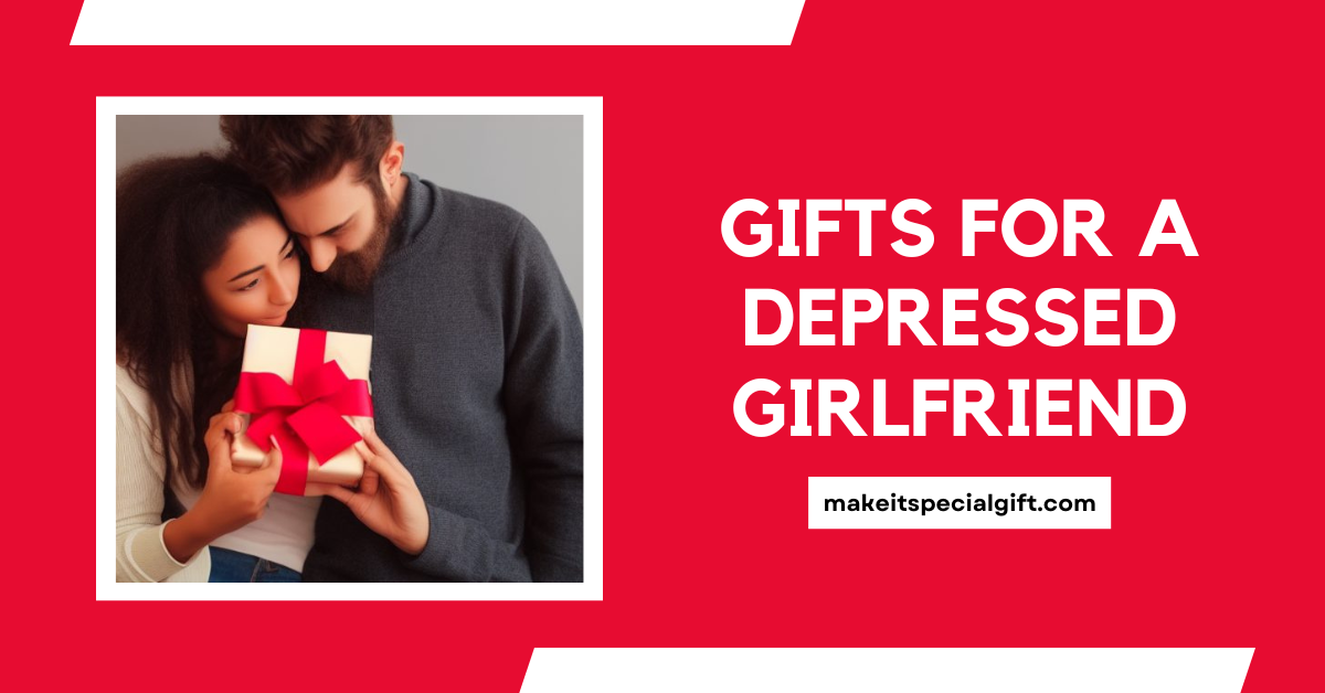 A sad girl and a guy consoling her while handing her a gift - gift for a depressed girlfriend