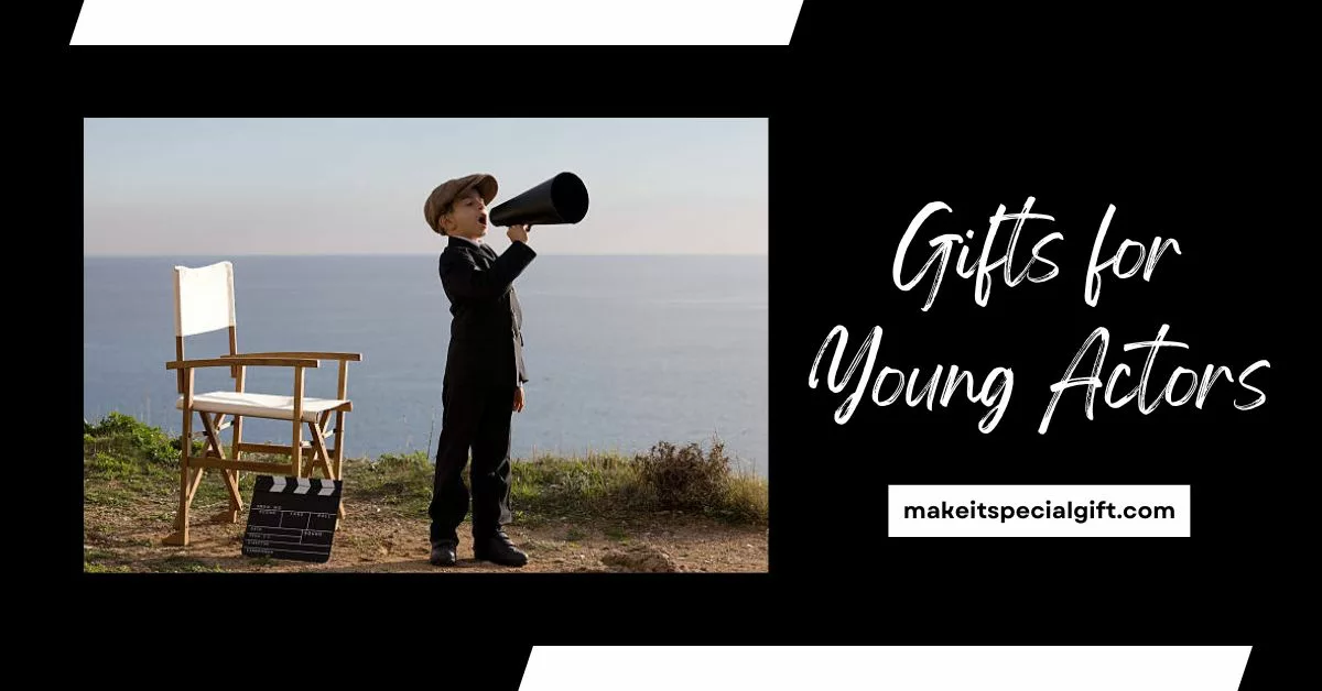 Photo of little boy in full length standing and shouting on old fashioned megaphone in outdoor.A director chair and film slate is seen just close to him.He is wearing a flat cap and a black suit.Sea is seen on the background.The image was shot in daylight with a full frame DSLR camera. - gifts for young actors