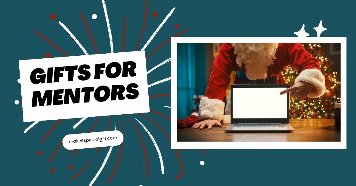 Santa Claus standing behind a desk and pointing at the laptop screen, Christmas and communication concept | 15 Gifts for Mentors