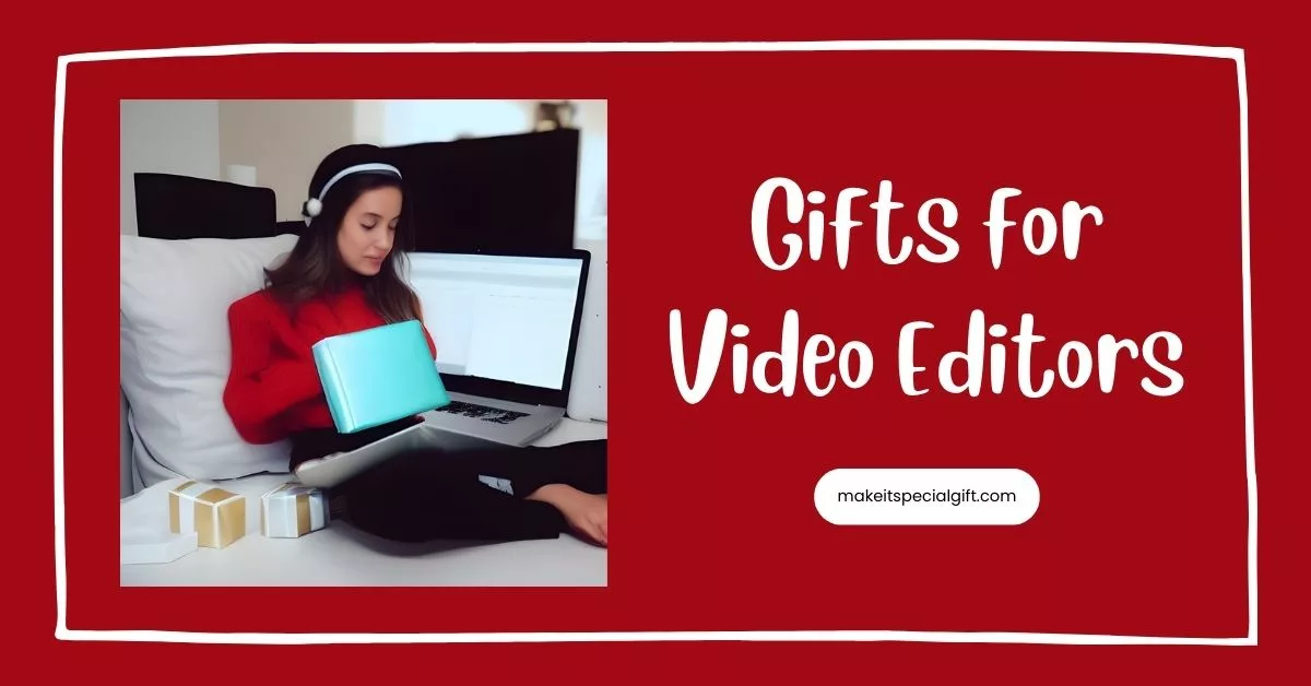 A video editor in front of her laptop and a small wrapped gift besides her - gifts for video editors