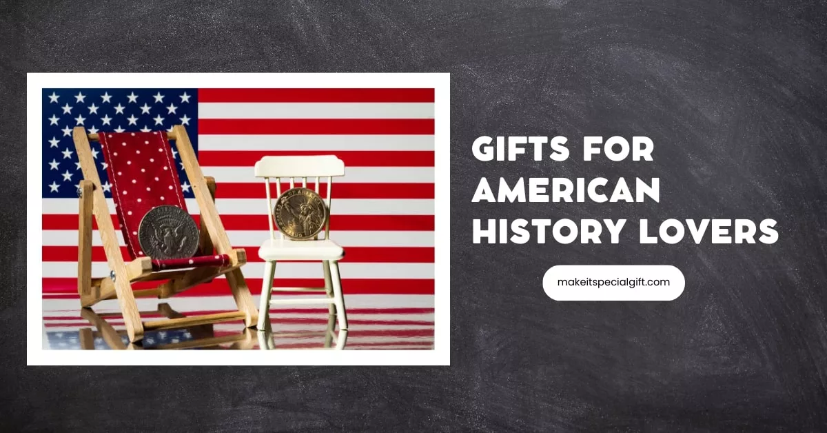 A 1 USD coin stands upside down on a toy chair and a 50 cent coin lying in a miniature deck chair with the American flag in the background - gifts for american history lovers