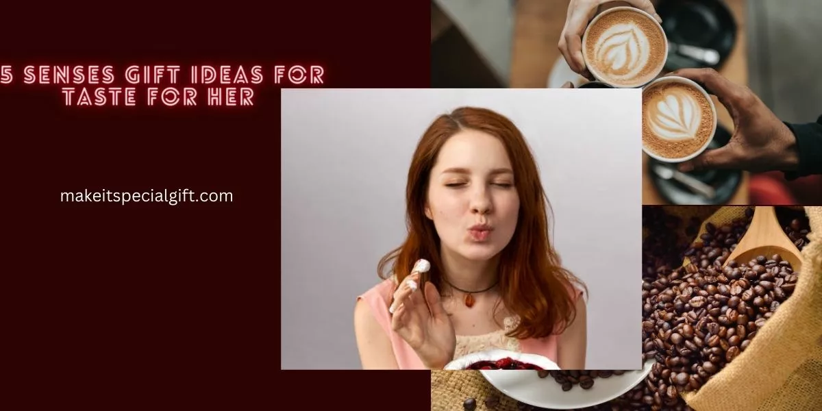 A lady savoring a taste with pictures of coffee and cocoa around her - 5 Senses Gift Ideas for Taste for Her