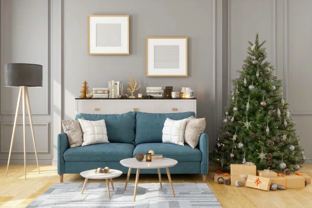 Picture Frame, Sofa And Christmas Tree In Living Room