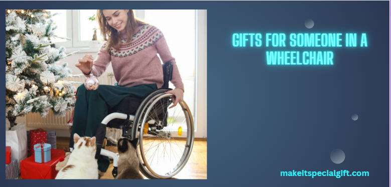A lady on wheelchair close to a Christmas tree with cats around her while unwrapping a gift - gifts for someone in a wheelchair