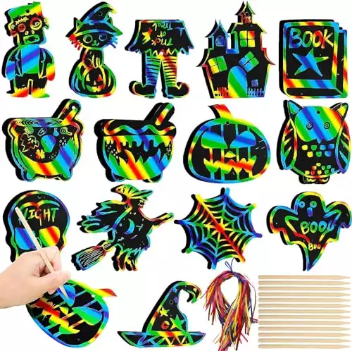 Uocanmee 96 Pcs Halloween Craft Scratch Paper Art for Kids Rainbow Magic Scratch Off Cards DIY Paper Craft Kits Hanging Decorations Birthday Christmas Halloween Party Games Gifts for Boys Gilrs