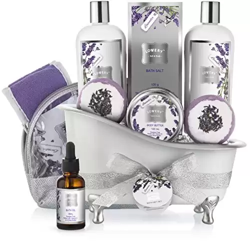 Christmas Bath Gift Basket Set for Women: Relaxing at Home Spa Kit Scented - Lavender and Jasmine with Large Bath Bombs, Salts, Shower Gel, Body Butter Lotion, Bath Oil, Bubble Bath, Loofah & More
