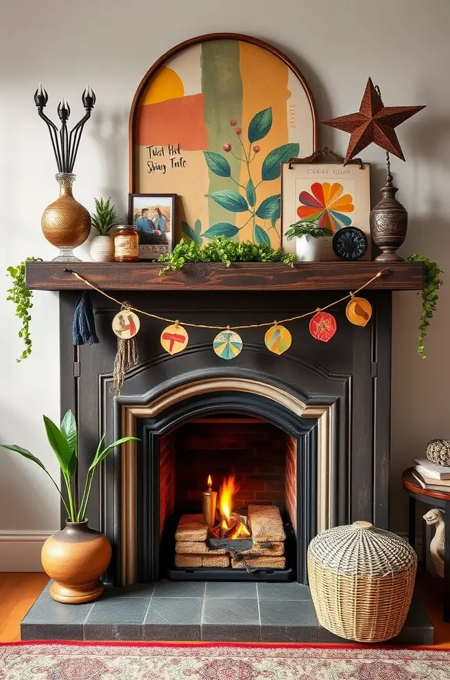 Artistic Eclectic Fireplace Mantel Idea to Showcase Your Personality