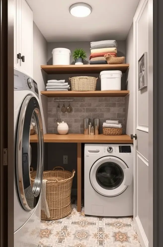 Charming Small Laundry Room Idea with Creative Storage Solutions