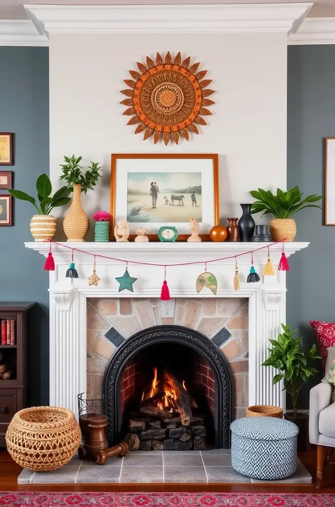 Colorful Bohemian Fireplace Mantel Idea to Brighten Up Your Home