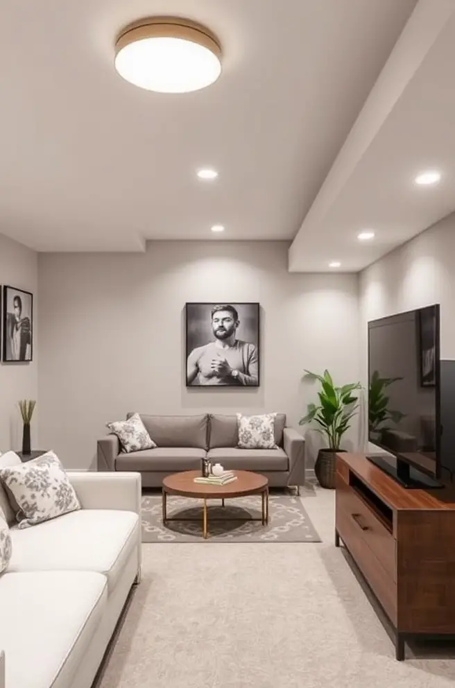 Stylish Basement Idea Featuring Unique Lighting Solutions