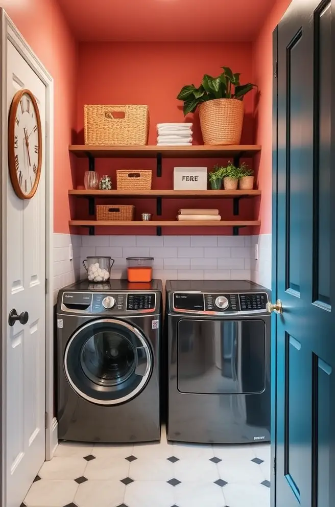 Stylish Small Laundry Room Idea Featuring Bold Color Palettes