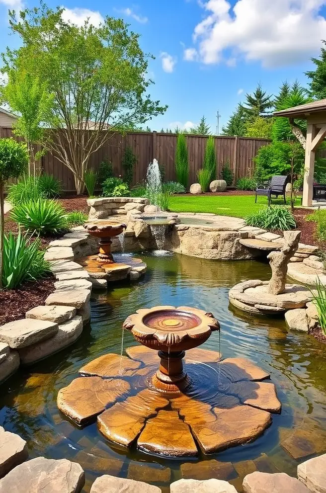 Tranquil Water Features: Relaxing Backyard Landscaping Idea with Ponds and Fountains