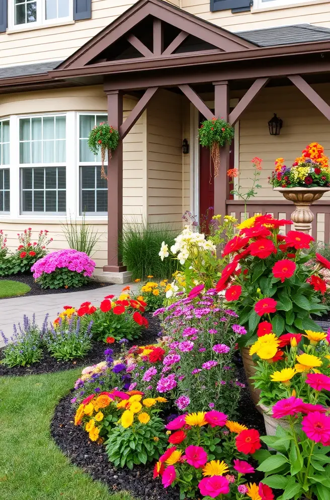 Vibrant Front Yard Landscaping Idea Featuring Colorful Flower Beds